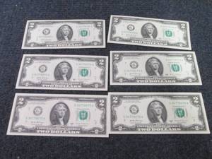 lot 255 image: 6- 4 Sequential. Uncirculated $2 Bi...