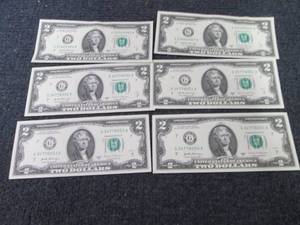 lot 258 image: 6- 4 Sequential. Uncirculated $2 Bi...