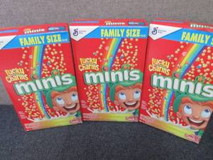 lot 518 image: 3- 18.6 oz Lucky Charms Minis...