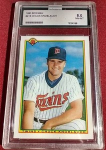 lot 69 image: 1990 Bowman Chuck Knoblauch Rookie Card - Advanced Grading 8