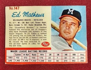 lot 129 image: 1962 Post Cereal Eddie Mathews