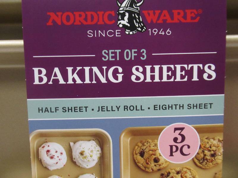 lot 246 image: NEW Nordic Ware 3-Piece Nonstick Baking Sheet Set, Half Sheet, Jelly Roll, & Eighth Sheet - Gold