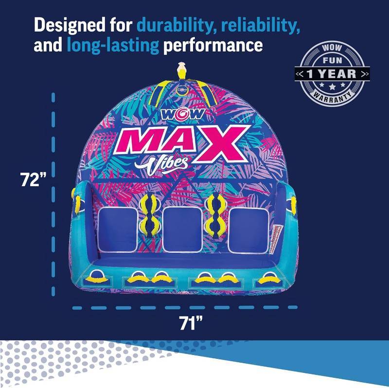 lot 202 image: WOW Sports 1-3 Person Max Vibes Towable with Secure Deck Seating - Tropical Waves