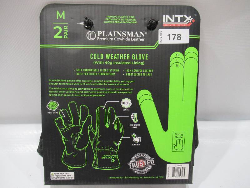 lot 178 image: NEW Plainsman CG6617 Cold Weather Gloves 40g, 2 Pairs Premium Cowhide Leather - Black MEDIUM