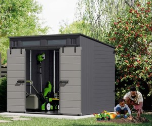 lot 103 image: NEW Suncast Modernist 8x7 Dual Barn Door Storage Shed - BSM8780T