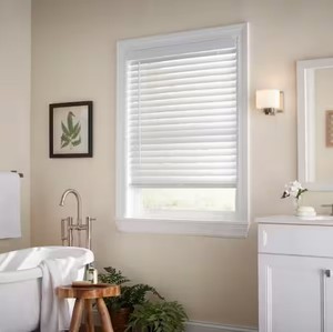 lot 125 image: NEW Home Decorators Collection White Cordless Faux Wood Blinds for Windows with 2 in. Slats - 30.5 in. W x 48 in. L