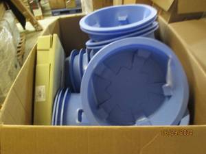 box of blue bins...