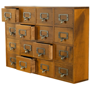 lot 167 image: Card Catalog Desk Drawer Organizer - Wooden Storage Box with 16 Drawers