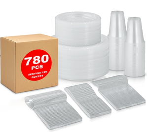 lot 214 image: 780PCS Disposable Clear Tableware Set for 120 Guests