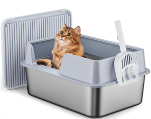 lot 438 image: Stainless Steel Cat Litter Box with Top Lid, High Wall Sides Enclosure