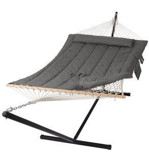 lot 40 image: SUNCREAT Double Outdoor Hammock with Stand, Two Person Cotton Rope Hammock with Polyester Pad