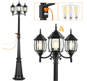 lot 506 image: Dusk to Dawn Outdoor Lamp Post Light with GFCI Outlet, Triple Head Aluminum Street Light Post for Outside with Sensor, Waterproof Birdcage Pole