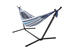lot 508 image: Double Brazilian Hammock with Stand Woven Cotton, 2-Person, Outdoor Swing with Frame