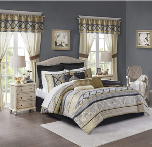 lot 524 image: Madison Park Essentials Windsor 24-Piece Room in A Bag Comforter Set-Satin Jacquard All Season Luxury Bedding, Sheets