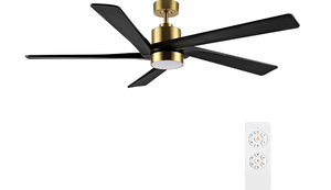 lot 527 image: WINGBO 64 Inch DC Ceiling Fan with Lights and Remote Control, 5 Reversible Carved Wood Blades, 6-Speed Noiseless DC Motor, Modern Ceiling Fan in Brass Finish with Balck Blades