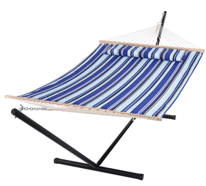 lot 587 image: SUNCREAT Two Person Hammock with Stand Heavy Duty with Blue Stripes