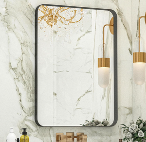 lot 31 image: Black Metal Framed Bathroom Mirror for Wall, Rounded Rectangle Mirror