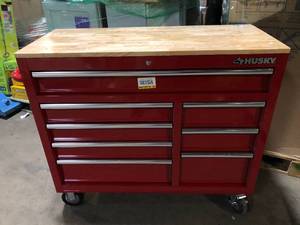 Husky 42 in. W x 18.1 in. D 8-Drawer Red Mobile Workbench Cabinet with Solid Wood Top  Customer Returns See Pictures