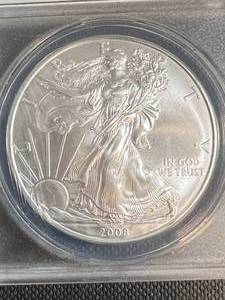 lot 03 image: 2008 AMERICAN SILVER EAGLE ANACS MS70