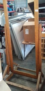 Vintage Oak Framed Mirror On Casters.