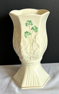 lot 37 image: Belleek Shamrock Candle Holder and Belleek Butterfly Design Wheelbarrow Bowl