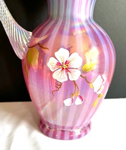 lot 65 image: Vintage Fenton Hand Painted Raspberry Iridescent Rib Optic Pitcher