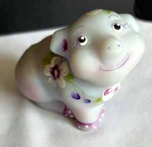 lot 74 image: Adorable Fenton Hand Painted Pig Figurine, Jim Shore Pig Door Stop, Cast Iron Pig Figurine and Piggy Bank