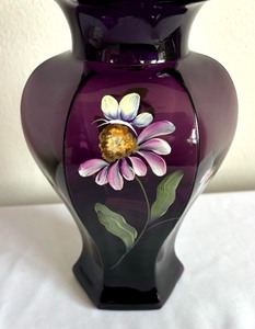 lot 102 image: Mulberry Floral Hexagon Hand Painted Ruffled Vase by Fenton