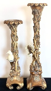 lot 47 image: Pair of Ornate Candlesticks Adorned with Birds