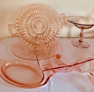 lot 99 image: Variety of  Vintage Pink Depression Glass Serving Pieces