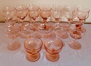 lot 99A image: Large Variety of Vintage Pink Depression Glass Wine Glasses and More