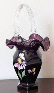 lot 78 image: Fenton Art Glass Aubergine Hex Hand Painted Basket
