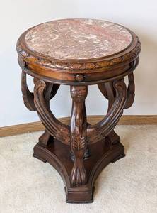 lot 13 image: Beautiful Marble Topped Carved Wood Table
