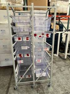 lot 3 image: MSRP $4000 DSI Direct High Density Hospital Grade OR Room Supply Cart 2-Column Shelf Adjustable Height Shelving Storage Rack With Slide Out Basket Trays & Locking Casters - Like New Condition 74.5 x 36.5 x 26.5