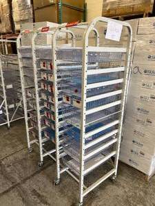 lot 4 image: MSRP $6000 DSI Direct High Density Hospital Grade OR Room Supply Cart 3-Column Shelf Adjustable Height Shelving Storage Rack With Slide Out Basket Trays & Locking Casters - Like New Condition