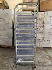 lot 5 image: MSRP $6000 DSI Direct High Density Hospital Grade OR Room Supply Cart 3-Column Shelf Adjustable Height Shelving Storage Rack With Slide Out Basket Trays & Locking Casters - Like New Condition 