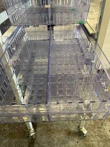 lot 7 image: MSRP $6000 DSI Direct High Density Hospital Grade OR Room Supply Cart 3-Column Shelf Adjustable Height Shelving Storage Rack With Slide Out Basket Trays & Locking Casters - Like New Condition 