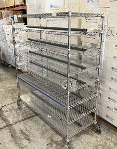 lot 9 image: InterMetro Adjustable 8-Tier Super Erecta Chrome-Plated Wire Cart Mobile Shelving Storage Rack Truck - NSF Approved With Removable Center Tube On Each Rack & Small Storage Bins - In Great Condition 69 x 24 x 60
