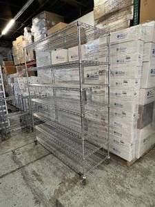 lot 10 image: Quantum Storage Systems 7 Tier Heavy Duty Stainless Steel Mobile Wire Transport Cart Truck Racking - NSF Approved - In Great Condition 80 x 60 x 24