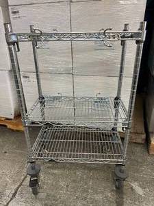 lot 13 image: InterMetro Adjustable 3-Tier Chrome-Plated Wire Cart Mobile Shelving Storage With Bumper Guards & Storage Hooks - NSF Approved - In Great Condition 40 x 24 x 14