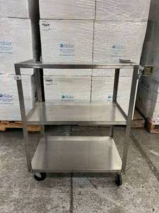 lot 15 image: Stainless Steel 3 Tier Mobile Stand Cart - designed to be used to transport stationary heating, ultrasound, or electrotherapy units - In Good Condition 33.5 x 30.5 x 18 