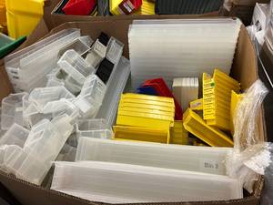 lot 23 image: Gigantic Lot of 200 Item Supply Storage & Organization Bins (mixed sizes & Colors) - Hangs On Walls & Perfect For Cart Drawers - These bins reduce manufacturers storage space by 50% Good Condition