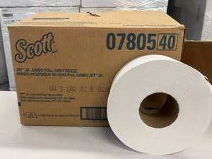 lot 27 image: 1 Case (12 rolls - 1000 per roll) NEW Scott 07805 2-Ply High-Capacity JRT Jr. Jumbo Rolls Bath Tissue (open box)