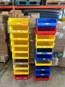 lot 40 image: Lot of 20 Item Large Size Supply Storage & Organization Akro Bins - Hangs On Walls & Perfect For Cart Drawers - These bins reduce manufacturers storage space by 50% Good Condition 16.5 x 15 x 7