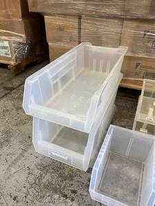 lot 41 image: Lot of 20 Mixed Sizes Clear Item Supply Storage & Organization Bins - Hangs On Walls & Perfect For Cart Drawers - These bins reduce manufacturers storage space by 50% Good Condition 