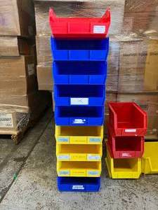 lot 43 image: Lot of 36 Mixed Sizes Item Supply Storage & Organization Akro Bins - Hangs On Walls & Perfect For Cart Drawers - These bins reduce manufacturers storage space by 50% Good Condition