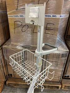 lot 52 image: GCX Corporation VHRS Series Polymount Roll Stand - Mobile Computer Stand with Handle Bar and Wire Basket - Like New Condition Selling On Ebay Used $400ship