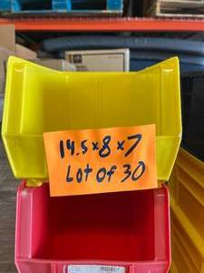 lot 78 image: Lot of 30 Item Supply Storage & Organization Akro Bins - Hangs On Walls & Perfect For Cart Drawers - These bins reduce manufacturers storage space by 50% Good Condition 14.5 x 8 x 7