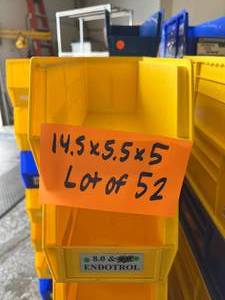 lot 79 image: Lot of 52 Item Supply Storage & Organization Akro Bins - Hangs On Walls & Perfect For Cart Drawers - These bins reduce manufacturers storage space by 50% Good Condition 14.5 x 5.5 x 5