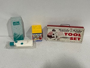 lot 6 image: Handy Andy Metal Tool Box (No tools), Octolinks Octopus Game, Avon Skin So Soft Radio
